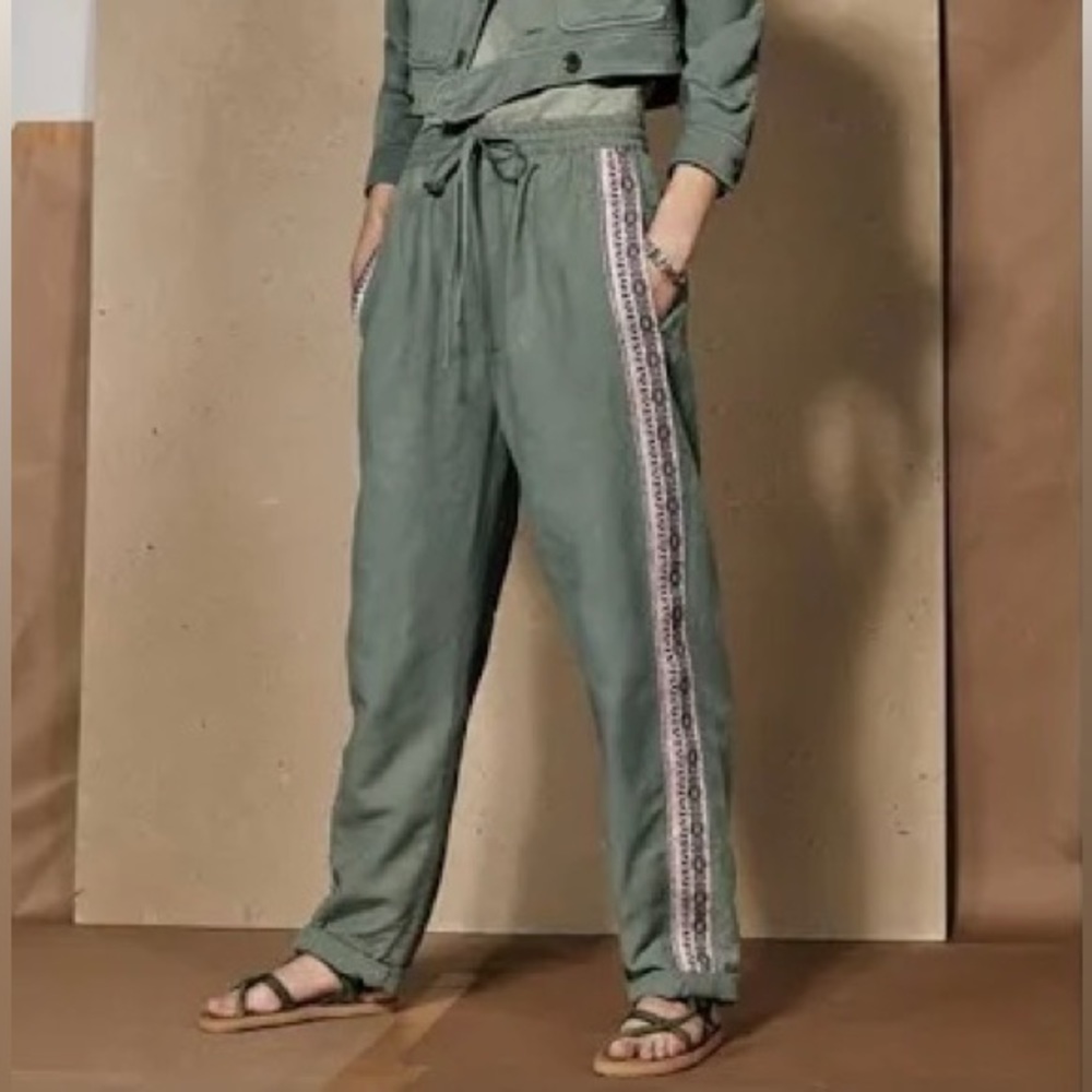 New Zara $119 SRPLS Surplus Linen Embroidered Green Pants Small 2747/972